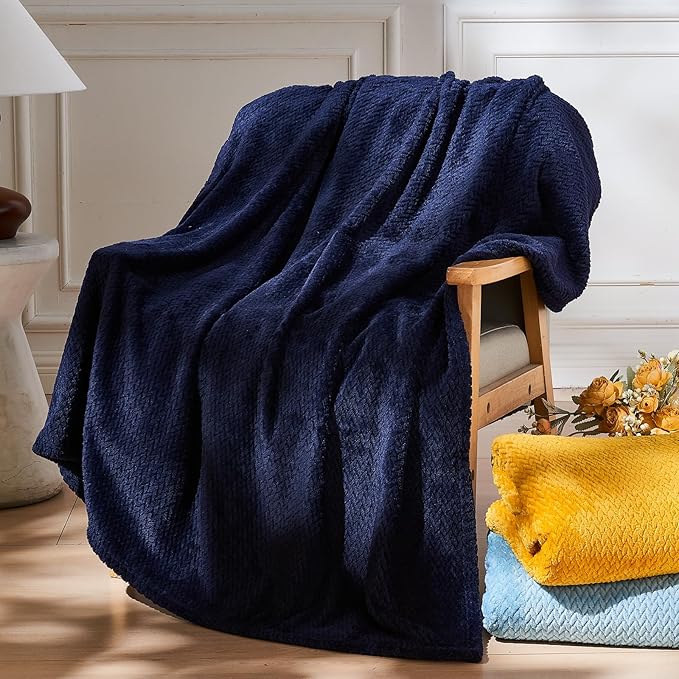 NEWCOSPLAY Super Soft Queen Blanket Dark Navy Premium Silky Flannel Fleece Leaves Pattern Lightweight Bed Blanket All Season Use (Dark Navy, Queen(90"x90"))