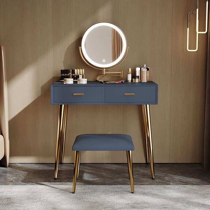 IKuinen Makeup Vanity Desk with Mirror and Lights, Small Vanity Table with 2 Drawers, Stool,Vanity Set for Bedroom with Microfiber Leather, 3 Lighting Modes - 31.5In Blue