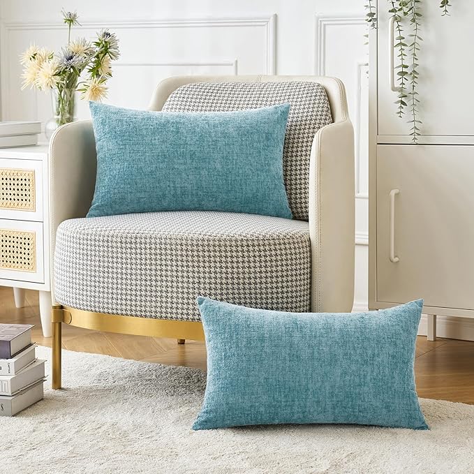 MIULEE Pack of 2 Couch Throw Pillow Covers 12x20 Inch Soft Smoke Blue Chenille Pillow Covers for Sofa Living Room Solid Dyed Pillow Cases