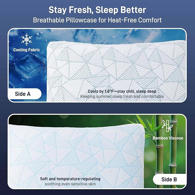 Shredded Memory Foam Cooling Soft Bamboo Viscose Pillows Queen Size Set of 2, Adjustable Hypoallergenic Hotel Quality Pillows for Side, Back or Stomach Sleeper, Oeko-TEX Certified