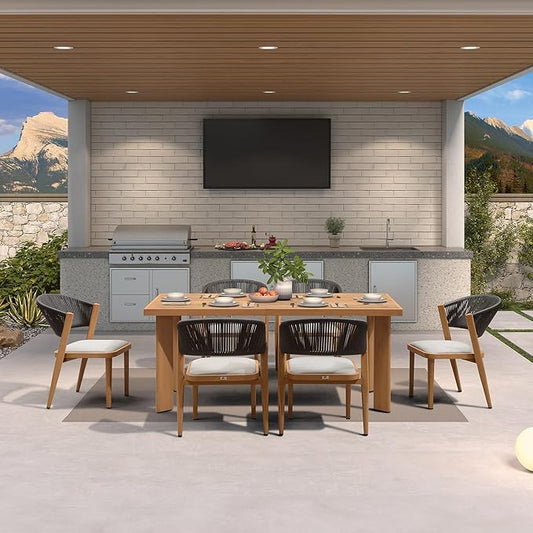 PURPLE LEAF 7-Piece Patio Dining Set Outdoor Furniture Rectangular Table and Chairs Set with Aluminum Frame and Teak-Finish for Garden Deck Backyard Kitchen Sunlit Teak Outdoor Set