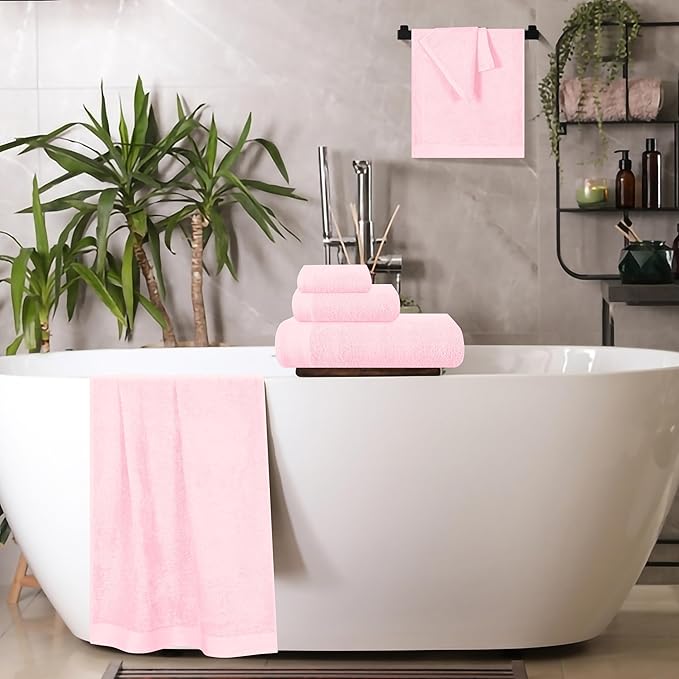 Ultra Soft 6 Pack Cotton Towel Set, Contains 2 Bath Towels 28x55 inch, 2 Hand Towels 16x24 inch & 2 Wash Coths 12x12 inch, Ideal Everyday use, Compact & Lightweight - Pink