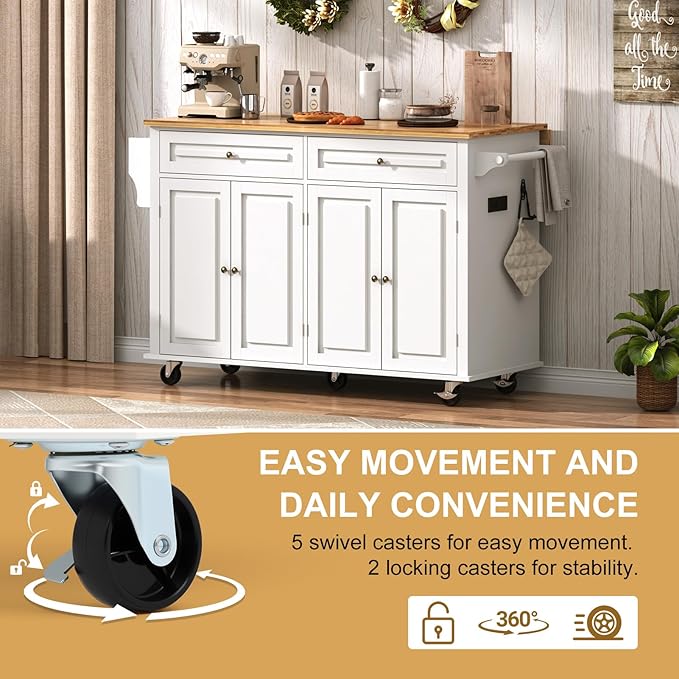 59" W Rolling Kitchen Island with Drop Leaf – Movable Kitchen Carts on Wheels Island with Storage Cabinet, Island Table for Kitchen with Rubber Wood Top and Rack and Drawers, Matte, White
