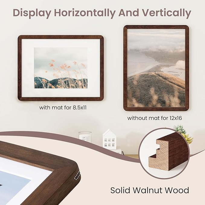 12x16 Picture Frame - Solid Walnut Wood 12''x16'' Poster Frame, 12x16 Picture Frame With Mat For 8.5x11, Tempered Glass and Hanging Hardware Included, 16 By 12 Frame Wood, Natural Walnut