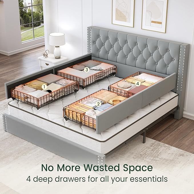 King Size Bed Frame with 4 Storage Drawers and Tufted Headboard Velvet Upholstered Platform Bed Frame with Heavy Duty Wood Slats, No Box Spring Needed, Easy Assembly, Bluish Grey