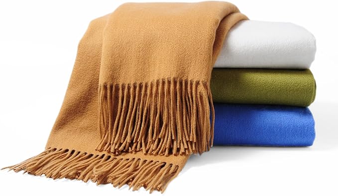 CUDDLE DREAMS Premium Cashmere Throw Blanket with Fringe, Luxuriously Soft (Camel)