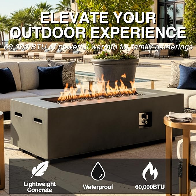 HillAethel 60-Inch Propane Fire Pit Table with Propane Tank Side Table,Set-2-Piece,60,000 BTU Concrete Gas Fire Pit with Free Rain Cover, Tank Seat, Lava Rocks, for Outside Patio Backyard,Dark Grey
