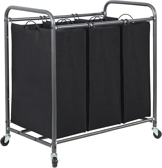 STORAGE MANIAC 3 Section Laundry Sorter, 35.9 Gal (136 L) Laundry Hamper Cart with Heavy Duty Rolling Lockable Wheels and Removable Bags, Clothes Organizer Basket Clothes Separator Hamper, Black