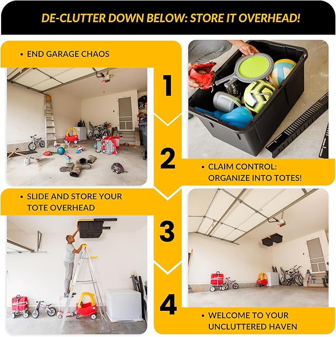 Overhead Bin Rack - Ceiling Mount Overhead Garage Storage Rack | Adjustable Width and Orientation | Heavy Duty Ceiling Bin Storage Rails | Fits Black & Yellow Storage Bins | USA Designed (2 Bins)