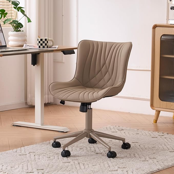 YOUTASTE All Khaki Office Chair, Modern Armless Desk Chair with Back, Adjustable Swivel Rolling Faux Leather Task Chair with Wheels Metal Base for Home Office, Study, or Vanity