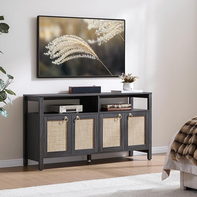 SICOTAS Rattan TV Stand for Television up to 65 Inch - 29.5" Tall Entertainment Center with Storage and Open Shelves,Boho Credenza TV Console Cabinet with 4-Doors and Adjustable Shelf for Living Room