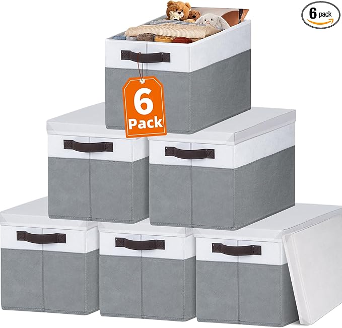 Extra Large Storage Baskets with Lids 6 Pack, 33 QT Blanket Basket for Organizing/ Stackable Decorative Closet Organizers and Storage Box for Clothes Towels/ Toy Organizers Bins with Handles/ 16x12