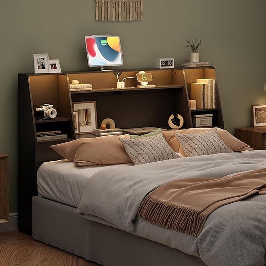 Queen/Full Headboard Only for Queen Bed, Wood Bookcase Head Board with Charging Station & 2 LED Lights, Stylish Noise-Free with Ample Storage for Bedroom, Height Adjustable, Black