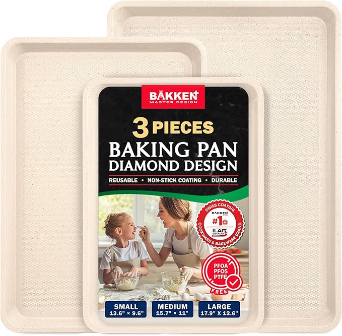 BAKKEN Kitchen Baking Pan - Small, Medium, and Large Cookie Pan (13.58×9.65, 15.75×11, 17.91×12.60), Nonstick, Diamond Texture Bottom, PFOA, PFOS, PTFE Free, Oven Safe (450°F), Pack of 3, White Marble