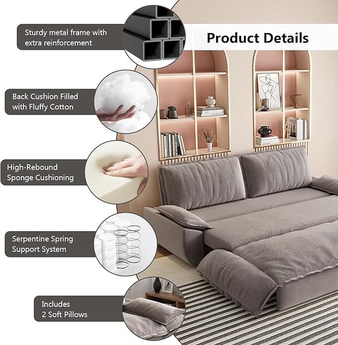 73.2-Inch Queen Size Convertible Sleeper Sofa Bed, 3-in-1 Pull-Out Futon Loveseat, Velvet Futon Couch with 2 Soft Pillows for Living Room, Office, Apartment, RV, Hide-A-Bed Fold Out Sofa&Couches