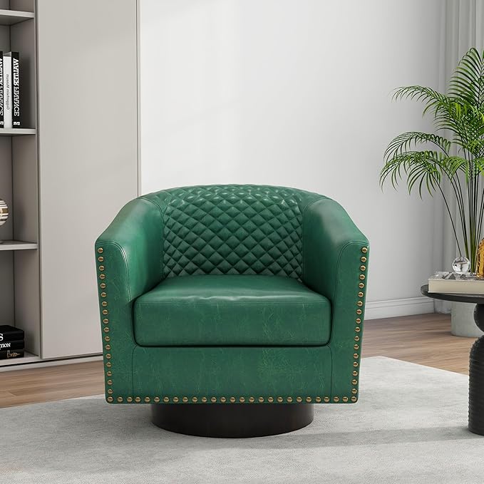 Swivel Barrel Accent Chair, Comfy Modern Upholstered Round Faux Leather Arm Chair for Living Room, Bedroom（Green, Set of 1