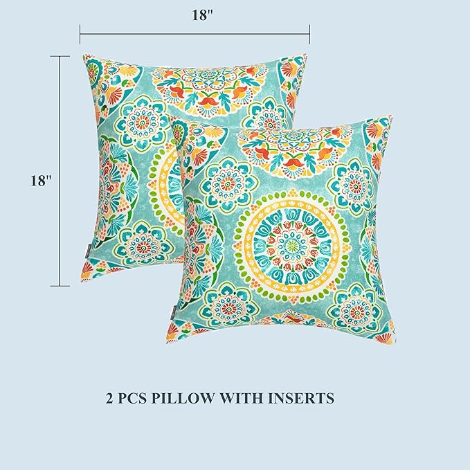 FUNHOME Outdoor Indoor Throw Pillows 18”x18”, Set of 2 Decorative Throw Pillows with Inserts, All Weather Water-Repellent Square Pillows for Bed, Couch, Sofa and Patio Furniture -Cyan Circle