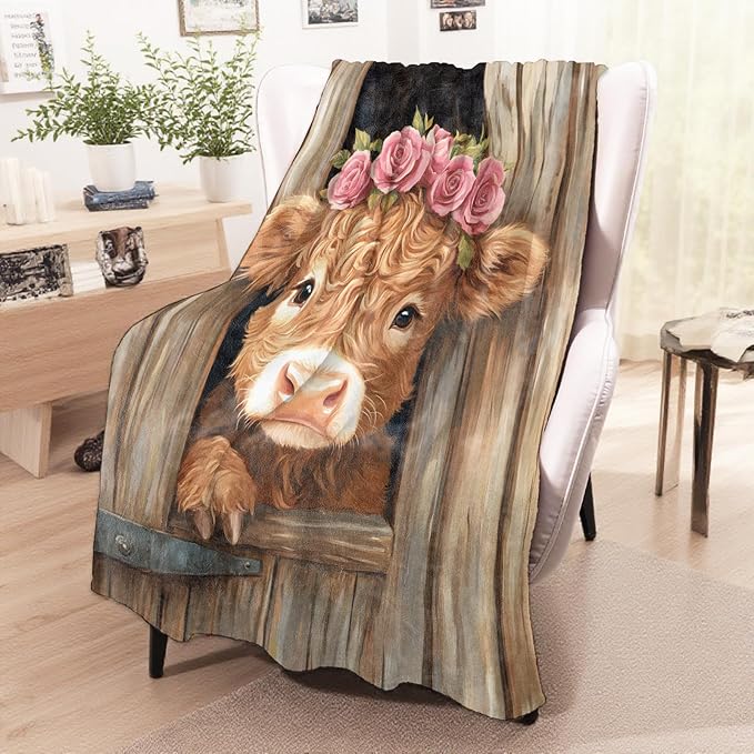 Fun Highland Cow Blanket, Cozy Flannel Roses Crown Calf in Window Throw Blanket for Couch Outdoor, Plush Soft Lightweight Travel Blankets for Bed Decor and Gifts, for Women Kids Adults 60"x80"