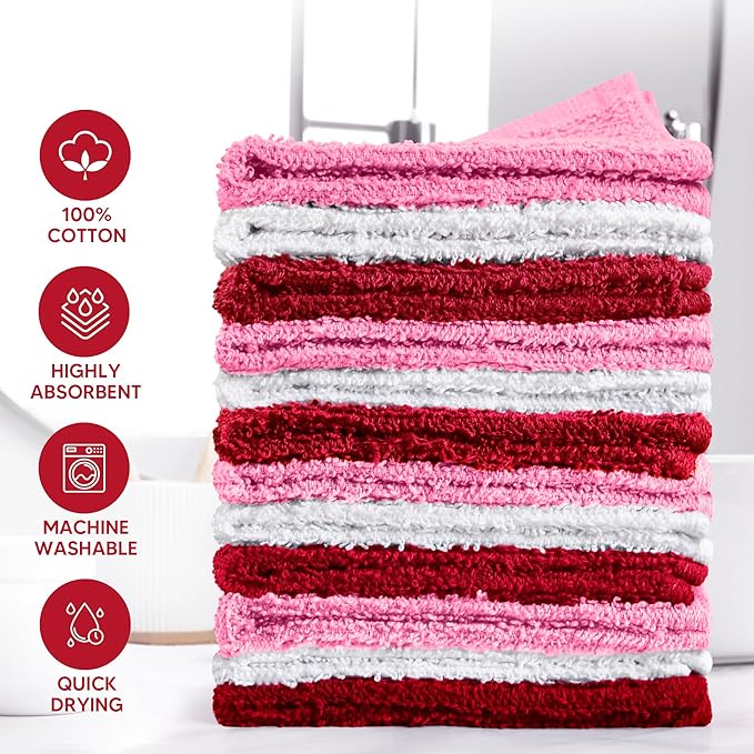 Towel and Linen Mart 100% Cotton - Wash Cloth Set - Flannel Face Cloths, Highly Absorbent and Soft Feel Fingertip Towels (Red, White & Pink, Pack of 12)