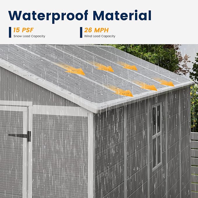 UDPATIO Storage Shed 8 x 10 FT, Resin Outdoor Garden Sheds with Floor Plastic Patio Outdoor Storage with Lockable Door for Tool, Bike, Garbage Gray White