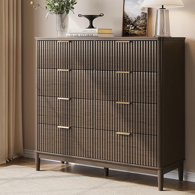 LINSY HOME Fluted Dresser for Bedroom with 8 Drawers, 47" Wide Chest of Drawers, Mid Century Modern Dresser TV Stand with Metal Handle, Wood Closet Storage Cabinet for Living Room, Hallway, Walnut