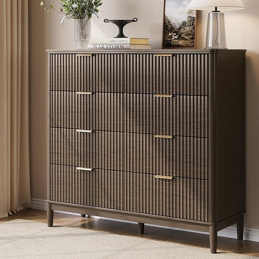 LINSY HOME Fluted Dresser for Bedroom with 8 Drawers, 47" Wide Chest of Drawers, Mid Century Modern Dresser TV Stand with Metal Handle, Wood Closet Storage Cabinet for Living Room, Hallway, Walnut
