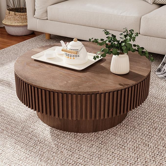 Round Coffee Table for Living Room, Accent Fluted Drum Coffee Table with Storage, Modern Solid Wood Veneered Circle Center Tea Table for Small Space Apartment (31.5''D×14''H-Walnut)