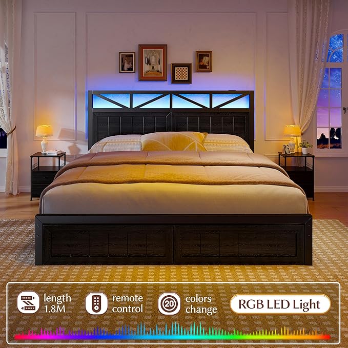 EnHomee Full Size Bed Frame with 2 Storage Drawers and Headboard Built in Charging Station & LED Light,NO Noise,No Box Spring Needed,Black