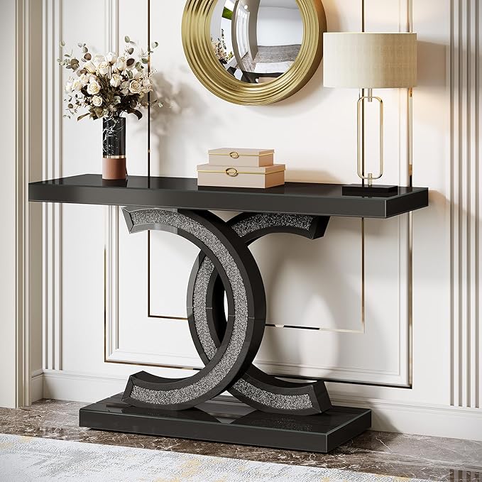 39-inch Mirrored Console Table, Modern Black Entryway Table with Sparkling Crystal Inlays, Glass Sofa Table with Mirror Finish for Entrance, Living Room