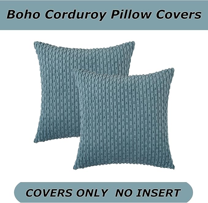 Kevin Textile Throw Pillow Covers Soft Corduroy Decorative Set of 2 Boho Striped Pillow Covers Pillowcases Farmhouse Home Decor for Couch Bed Sofa Living Room 22x22 Inch Blue Grey
