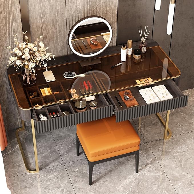 Lartis Makeup Vanity,Dresser Stool Set,Dresser,Computer Desk,partitioned Storage,Smart Socket,LED Makeup Mirror