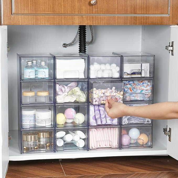 Vtopmart 2 Pack Clear Stackable Storage Drawers, 4.4'' Tall Acrylic Bathroom Makeup Organizer,Plastic Storage Bins For Vanity, Undersink, Kitchen Cabinets, Pantry, Home Organization