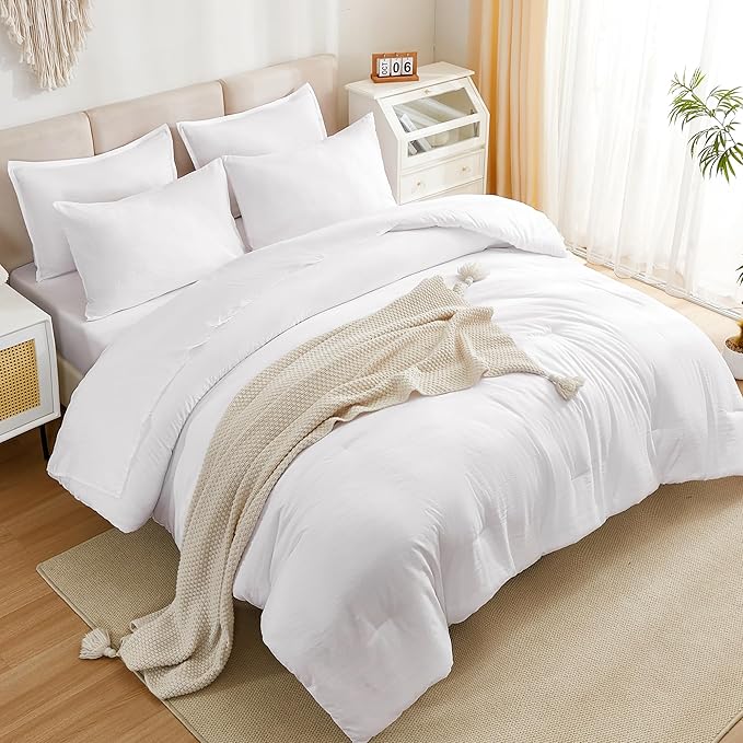 Litanika Comforter California King Size Set White - 7 Pieces Bed in a Bag California King Bedding Comforter Sets, Plain Lightweight Bed Set with Comforter, Sheets, Pillowcases & Shams