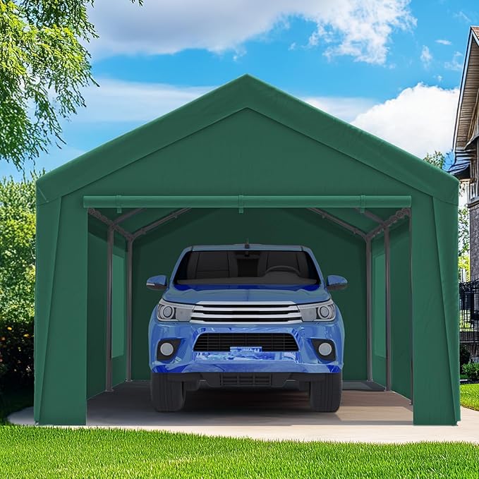 Quictent 12x20 ft Heavy Duty Carport Canopy Galvanized Car Tent Outdoor Garage Boat Shelter with Reinforced Structure with Roll-up Ventilated Windows Sidewall - Green
