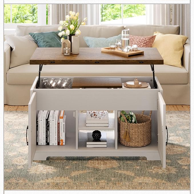 Lift Top Coffee Table with Storage, 4 in 1 Multi-Function Convertible Tea Tables with Hidden Compartment, Farmhouse Center Table Converts to Dining Table for Living Room, Brown