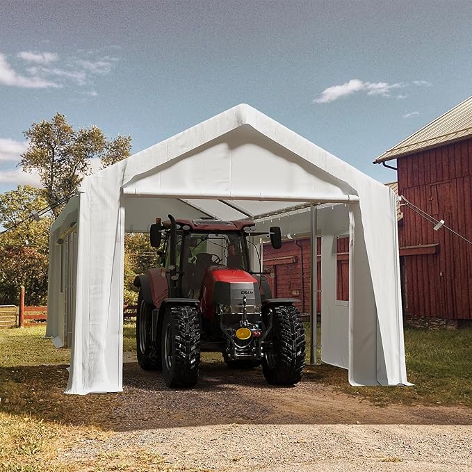 10x20ft Heavy Duty Carport Outdoor Canopy Portable Garage with 4 Doors & 4 Windows Waterproof UV Resistant Storage Shelter with Removable Sidewalls for Car Truck Boat, White