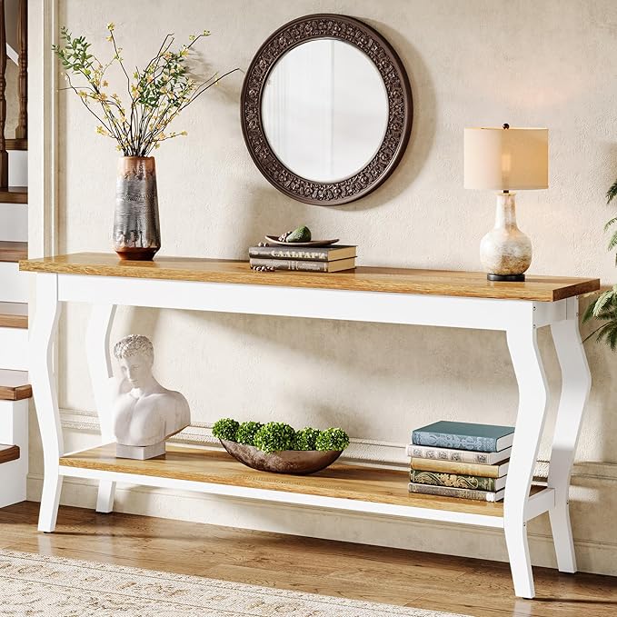 Tribesigns 70.9 Inches Extra Long Sofa Table Behind Couch, Vintage Console Entry Table with 2-Tier Storage for Hallway, Entryway, Living Room, White & Light Oak