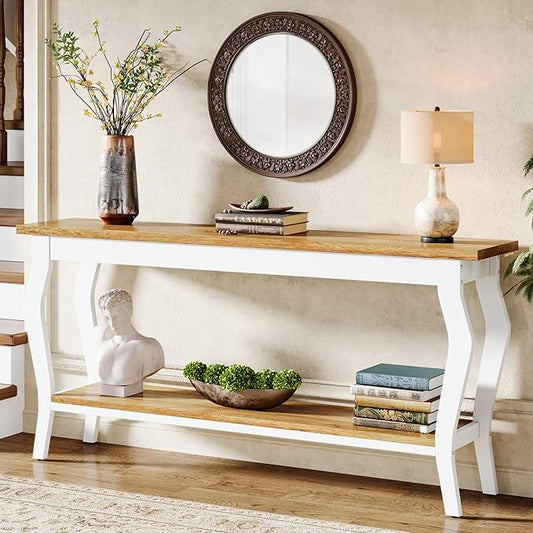 Tribesigns 70.9 Inches Extra Long Sofa Table Behind Couch, Vintage Console Entry Table with 2-Tier Storage for Hallway, Entryway, Living Room, White & Light Oak