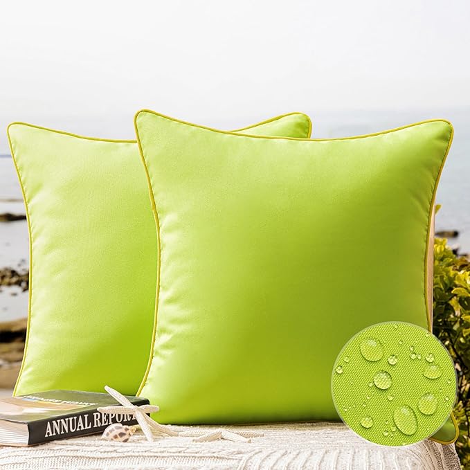 Phantoscope Pack of 2 Outdoor Waterproof Throw Pillow Covers with Contrast Piping, Decorative Square Cushion Case Patio Pillows for Couch Tent Sunbrella, Lime Green 18x18 inches