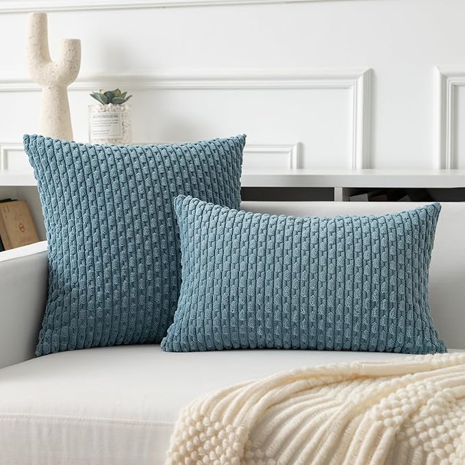 Kevin Textile Throw Pillow Covers Soft Corduroy Decorative Set of 2 Boho Striped Pillow Covers Pillowcases Farmhouse Home Decor for Couch Bed Sofa Living Room 12x20 Inch Blue Grey