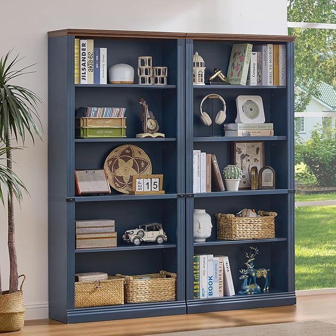 70" Blue Tall Bookshelf Set of 3,5-Tier Thick Wooden Book Shelf with Adjustable Shelves,Free Standing Farmhouse Bookcase with Open Display Storage,Floor Vintage Bookshelves for Living Room