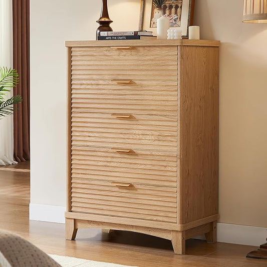 AOGLLATI Black Dresser for Bedroom with Slanted Louvre Design,Retro Chest of Drawers with Charging Station, Wooden Tall 5 Drawer Dresser for Bedroom,Living Room, Hallway, Wood