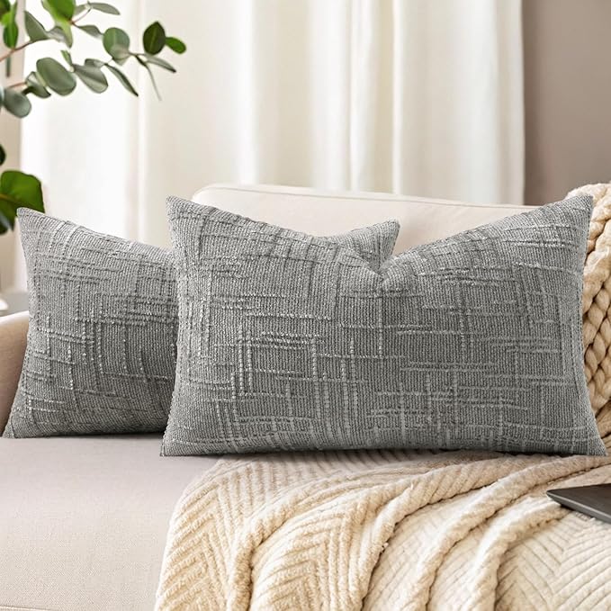 decorUhome Neutral Grey Chenille Throw Pillow Covers 12x20 Set of 2 Thick Textured Slubby Couch Pillow Covers Farmhouse Accent Modern Neutral Decorative Pillow Cases for Bed Sofa Living Room