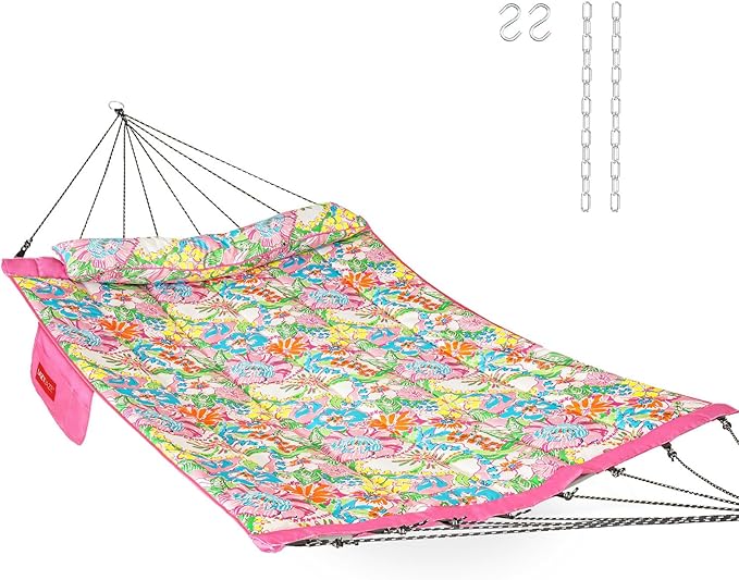Lazy Daze Hammocks 12 FT Quilted Fabric Hammock with Curved Aluminium Spreader Bar, Outside Double Thickened Hammock with Soft Pillow, Side Pocket 450 Lbs Capacity for Patio, Poolside, Floral