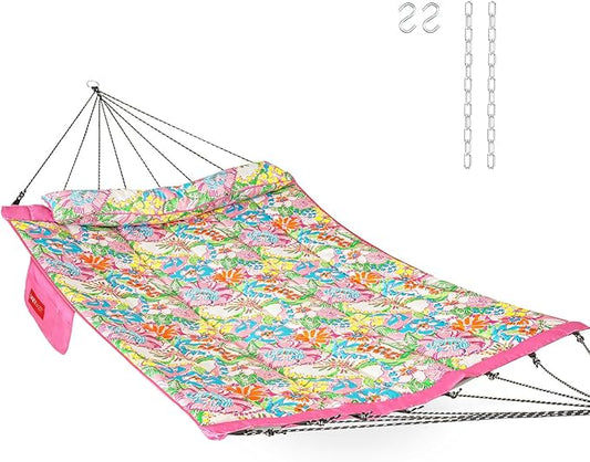Lazy Daze Hammocks 12 FT Quilted Fabric Hammock with Curved Aluminium Spreader Bar, Outside Double Thickened Hammock with Soft Pillow, Side Pocket 450 Lbs Capacity for Patio, Poolside, Floral