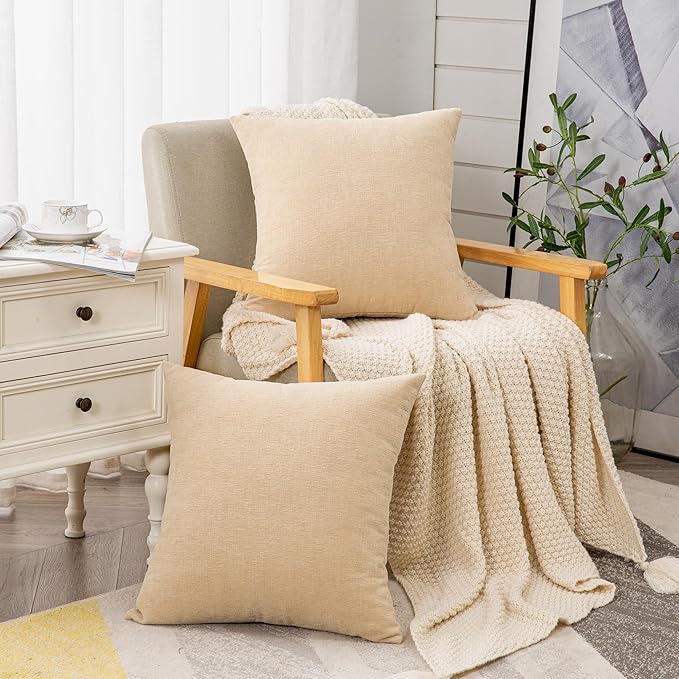 GAWAMAY Decorative Chenille Throw Pillow Covers 26x26 Inch Pack of 2, Soft Square Couch Pillow Cover for Sofa Cushion Living Room Bedroom Solid Dyed Oversized Pillowcases Beige 66x66cm (ONLY Covers)