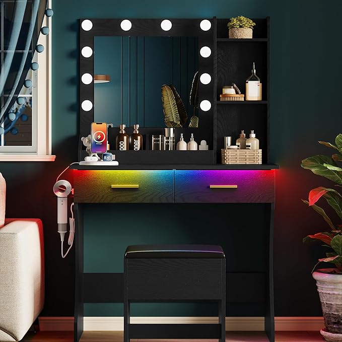 Makeup Vanity Desk with Mirror and Lights, Small Makeup Vanity Table Set with Drawers, Power Outlet & Storage Stool, White Vanity with 3 Lighting Modes LED for Women Girls Bedroom