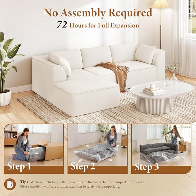 Vesgantti 106" Cloud Couch Sectional Modular Sofa, Deep Seat Comfy Cloud Couch Chenille Memory Foam Sofa Modular Couches for Living Room Bedroom, No Assembly Required (Beige, Left-Facing Chaise)