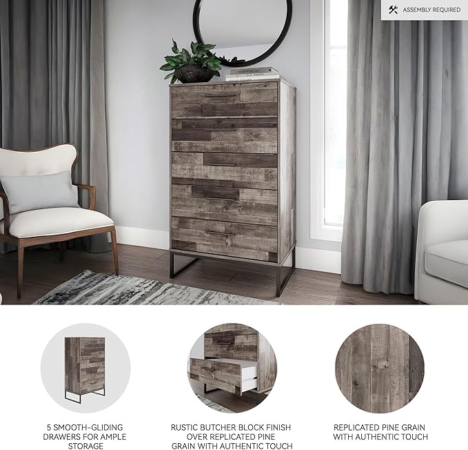 Signature Design by Ashley Neilsville Industrial 5 Drawer Chest of Drawers with Smooth-Gliding Drawers and Safety Stop, Gray