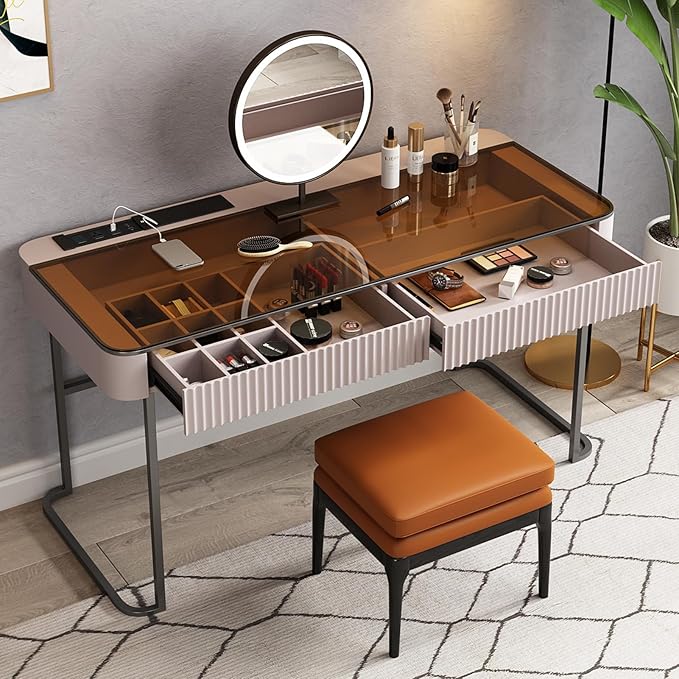 Lartis Makeup Vanity,Dresser Stool Set,Dresser,Computer Desk,partitioned Storage,Smart Socket,LED Makeup Mirror